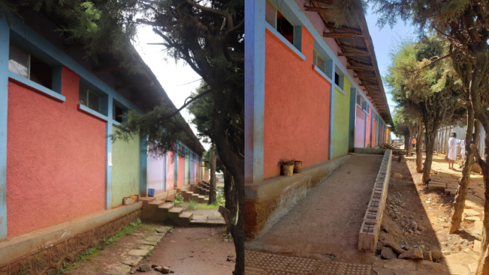 Etiopialaisen koulun esteettömäksi kunnostettu sisäänkäynti, kuvat ennen ja jälkeen muutostyön