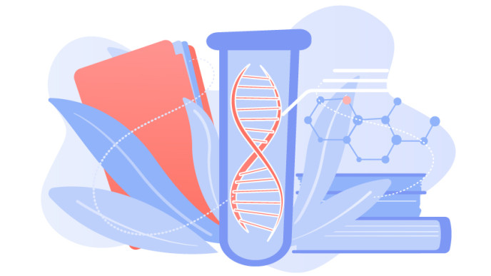 Kuvituskuva, jossa geeni lasiputkilossa ja kirjoja.