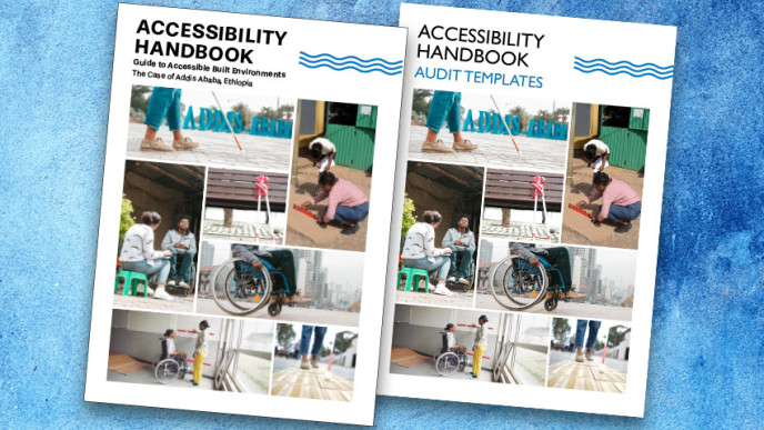 Accessibility Handbook -oppaan kansi, jossa useita esimerkkikuvia esteettömästä ympäristöstä