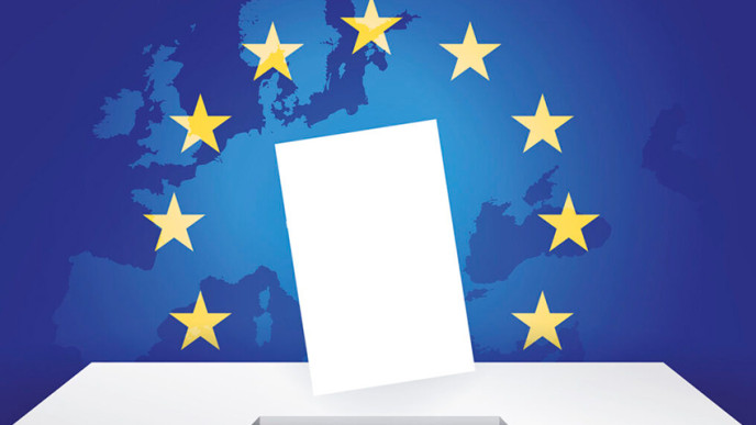 Äänestyslippu ja uurna, taustalla Euroopan kartta ja EU-tähdet