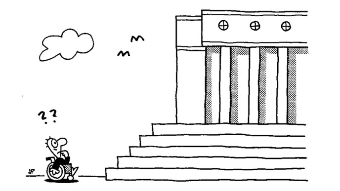 Piirroskuva, jossa pyörätuolilla liikkuva ihminen kohtaa eduskuntatalon portaat