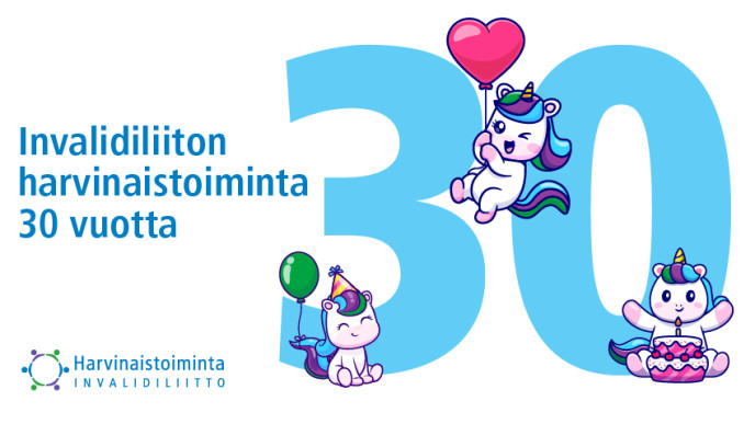 Harvinaistoiminta 30 vuotta teksti ja piirrettyjä yksisarvisia