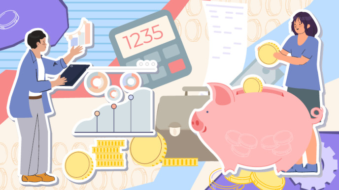 Kuvituskuva, jossa erilaisia talouteen liittyviä symboleita