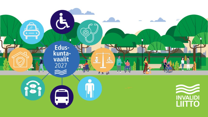 Piirroskuva, jossa ihmishahmoja ja erilaisia symboleja